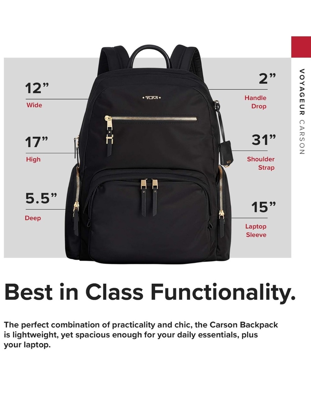 TUMI Voyageur Carson Laptop Backpack, Black With Gold Hardware - Picture 2 of 16